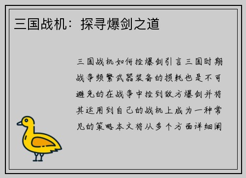 三国战机：探寻爆剑之道